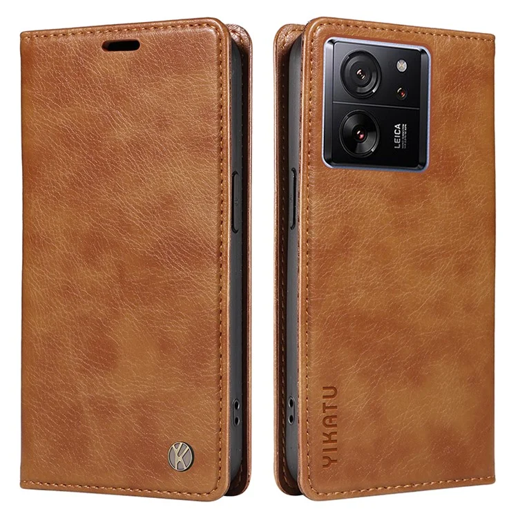YIKATU YK-006 Para Xiaomi 13T / 13T Pro / Redmi K60 Ultra Funda de Piel de Imitación con Textura de Lichí, Funda de Cartera - Marrón