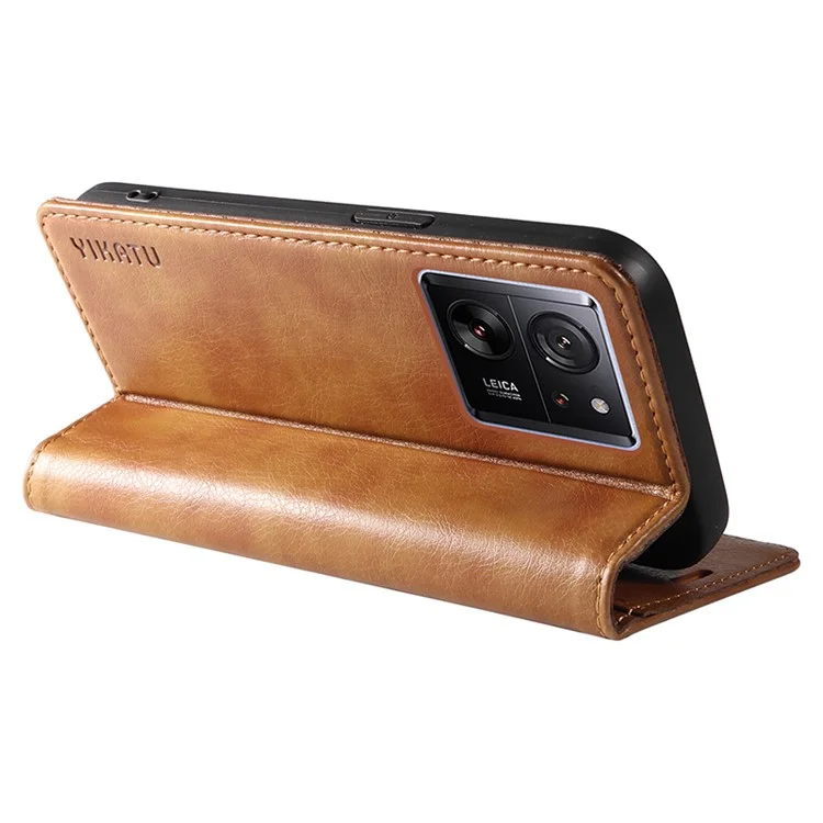 YIKATU YK-006 Para Xiaomi 13T / 13T Pro / Redmi K60 Ultra Funda de Piel de Imitación con Textura de Lichí, Funda de Cartera - Marrón
