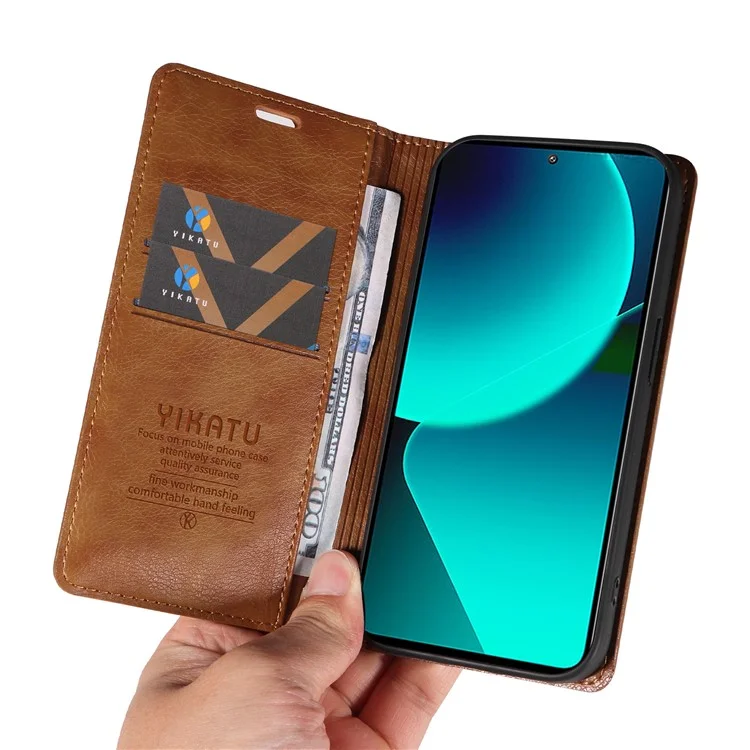 YIKATU YK-006 Para Xiaomi 13T / 13T Pro / Redmi K60 Ultra Funda de Piel de Imitación con Textura de Lichí, Funda de Cartera - Marrón