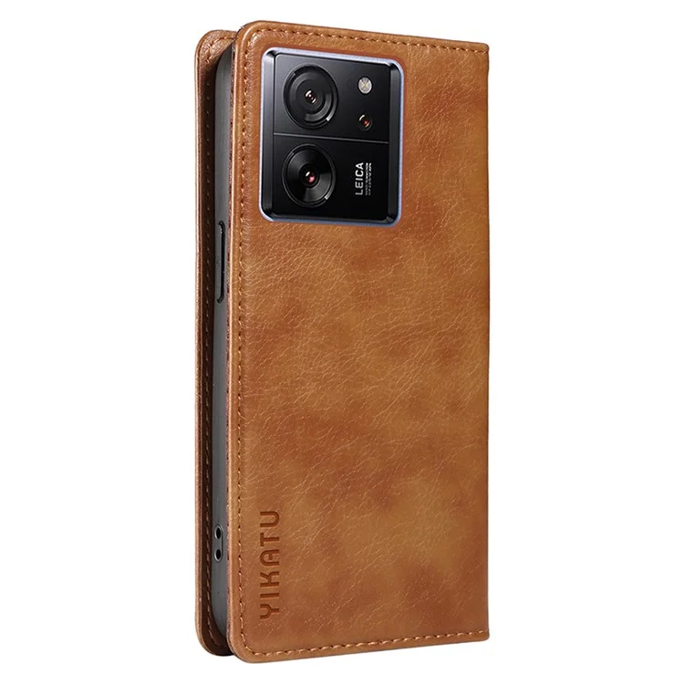 YIKATU YK-006 Para Xiaomi 13T / 13T Pro / Redmi K60 Ultra Funda de Piel de Imitación con Textura de Lichí, Funda de Cartera - Marrón