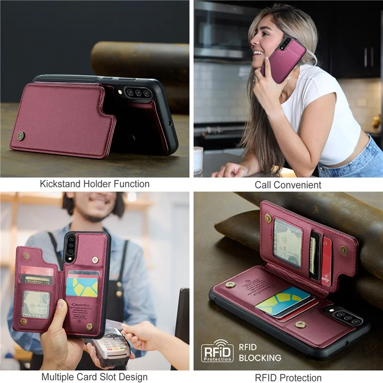 For Samsung Galaxy A50 Phone Case CASEME C22 Leather Back Cover with RFID Blocking Card Slots - Red