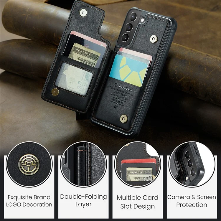 CASEME C22 Series For Samsung Galaxy S21+ 5G Case 5 Card Slots RFID Blocking Kickstand Phone Cover - Чёрный
