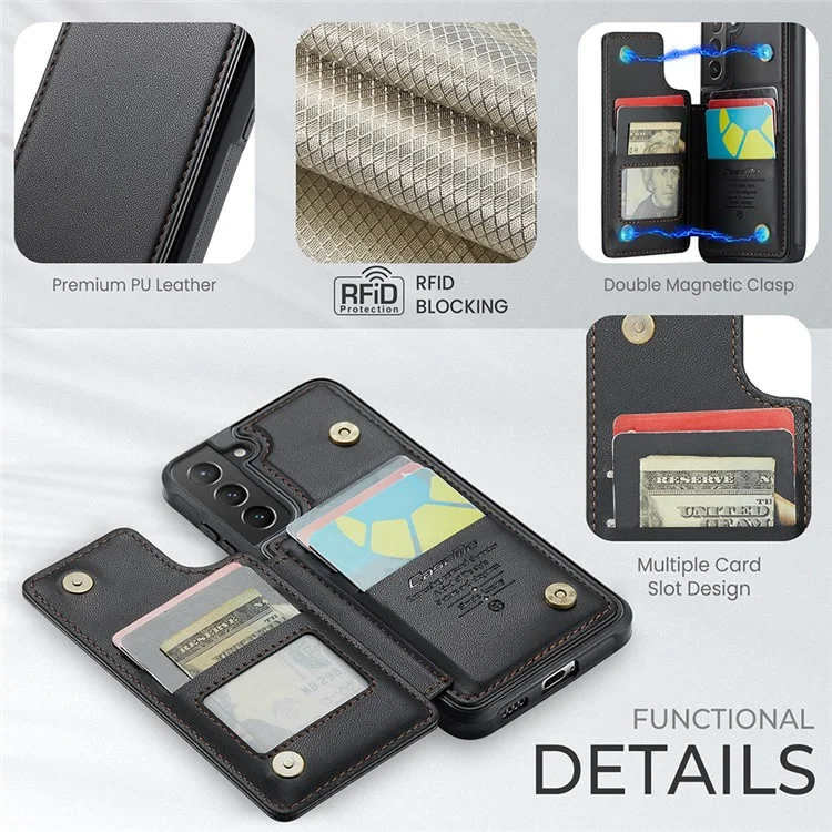 CASEME C22 Series For Samsung Galaxy S21+ 5G Case 5 Card Slots RFID Blocking Kickstand Phone Cover - Чёрный