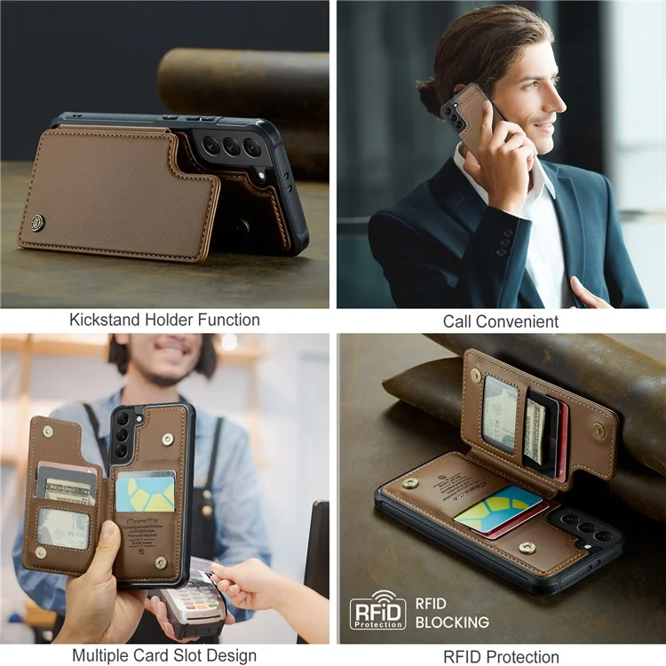 CASEME C22 Series für Samsung Galaxy S21 5G / 4G Case Kartenfächer RFID-Blockierung Handyhülle - Braun