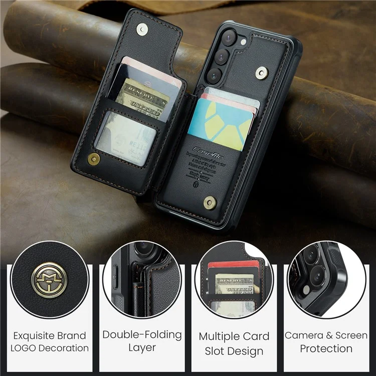 For Samsung Galaxy S22+ 5G Phone Case CASEME C22 Leather Back Cover with RFID Blocking Card Slots - Black