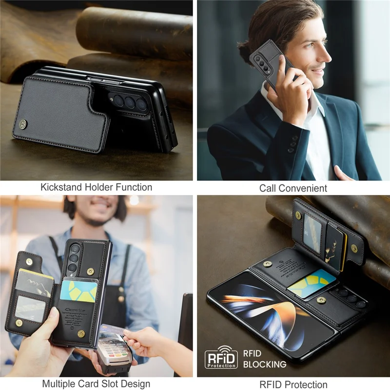 For Samsung Galaxy Z Fold4 5G Phone Case CASEME C22 Leather Back Cover with RFID Blocking Card Slots - Black
