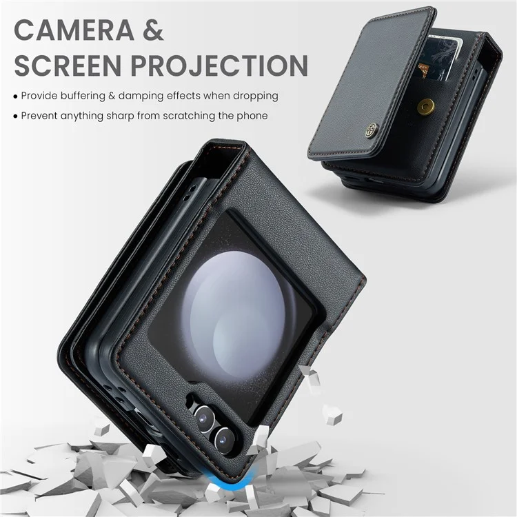 CASEME C22-Serie für Samsung Galaxy Z Flip5 5G Handyhülle RFID-blockierend Leder+TPU-Schale - Schwarz