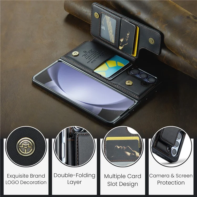 CASEME C22 Series per Samsung Galaxy Z Fold5 5G Custodia TPU+PU Pelle Lucida Guscio Telefono con 4 Porta Carte - Nero