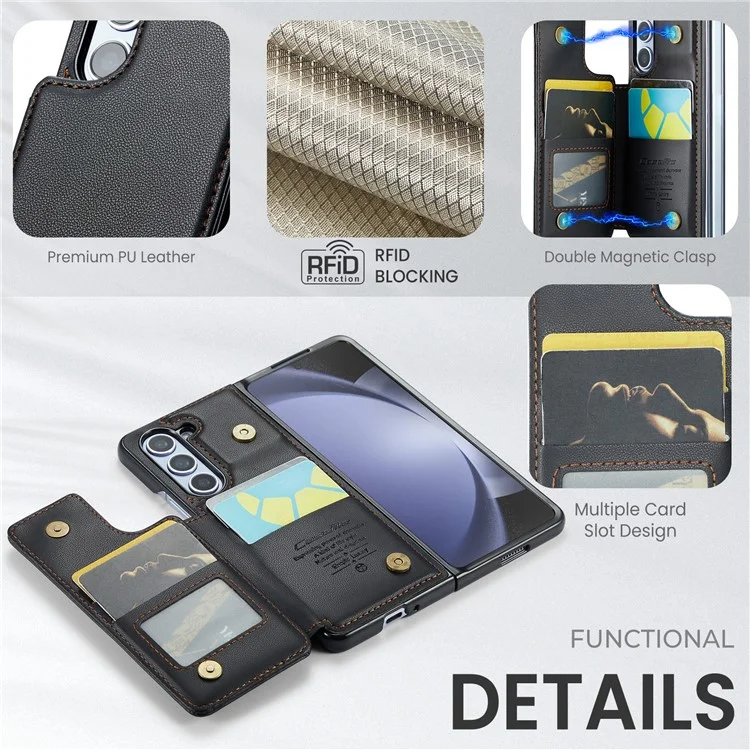 CASEME C22 Series per Samsung Galaxy Z Fold5 5G Custodia TPU+PU Pelle Lucida Guscio Telefono con 4 Porta Carte - Nero