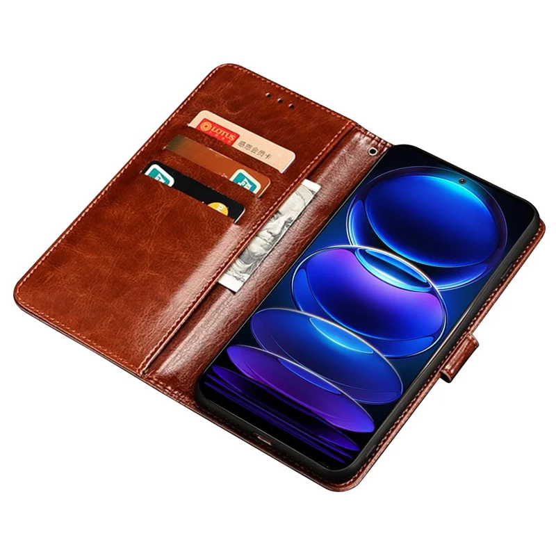IDEWEI For Xiaomi 14 Case Shockproof Crazy Horse Texture Flip Leather Wallet Phone Cover - Brown