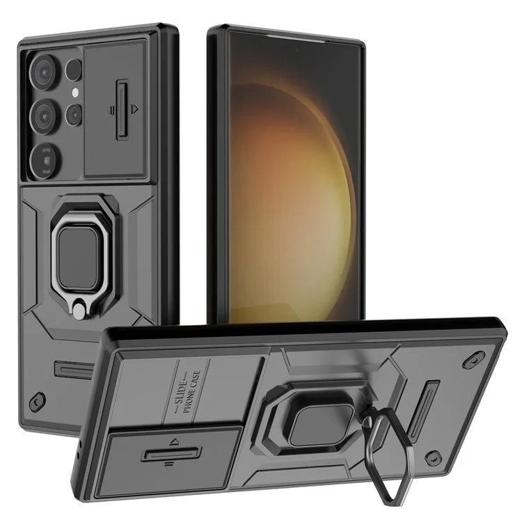 For Samsung Galaxy S24 Ultra Case Anti-Drop PC+TPU Kickstand Cover with Slide Lens Protection - Black