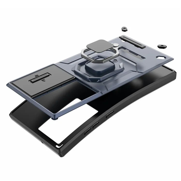 For Samsung Galaxy S24 Ultra Case Anti-Drop PC+TPU Kickstand Cover with Slide Lens Protection - Black