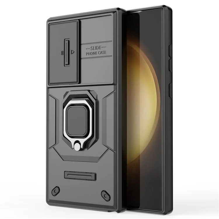 For Samsung Galaxy S24 Ultra Case Anti-Drop PC+TPU Kickstand Cover with Slide Lens Protection - Black