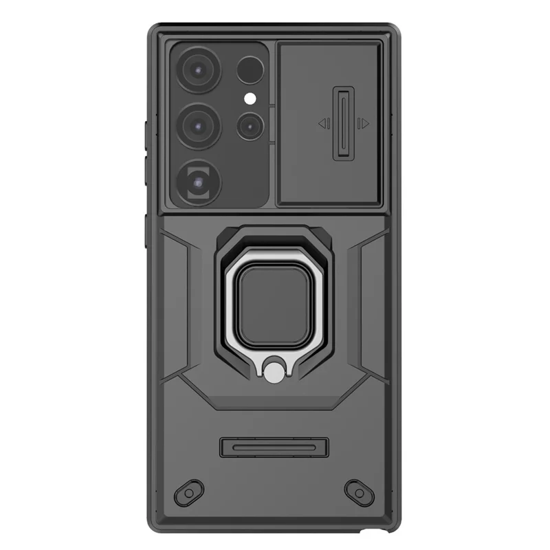 For Samsung Galaxy S24 Ultra Case Anti-Drop PC+TPU Kickstand Cover with Slide Lens Protection - Black