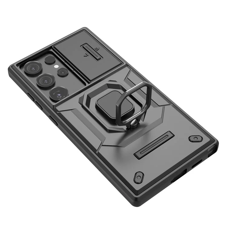 For Samsung Galaxy S24 Ultra Case Anti-Drop PC+TPU Kickstand Cover with Slide Lens Protection - Black