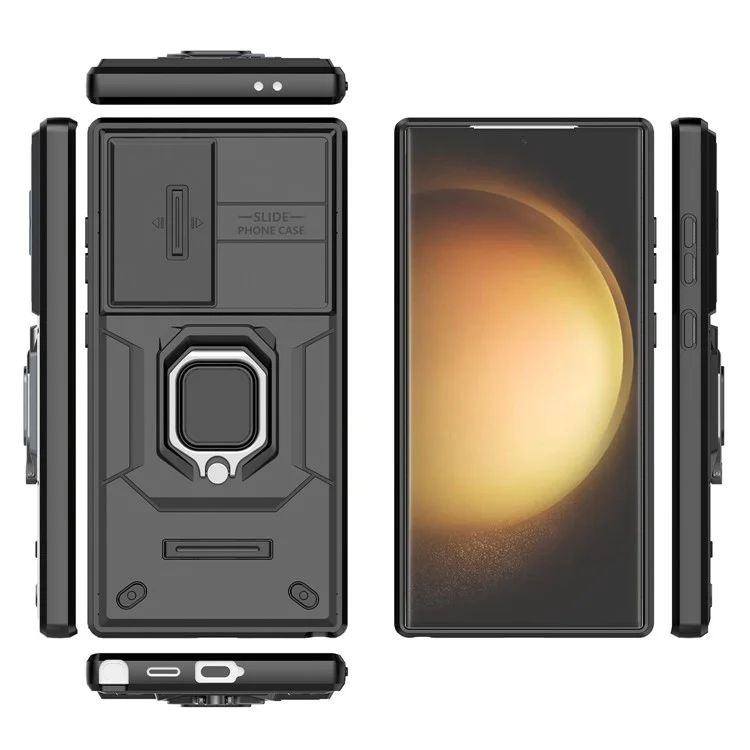 For Samsung Galaxy S24 Ultra Case Anti-Drop PC+TPU Kickstand Cover with Slide Lens Protection - Black
