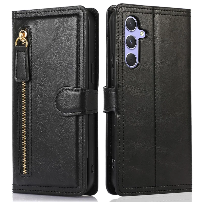 For Samsung Galaxy S24 Case Zipper Pocket PU Leather Viewing Stand Phone Cover - Black