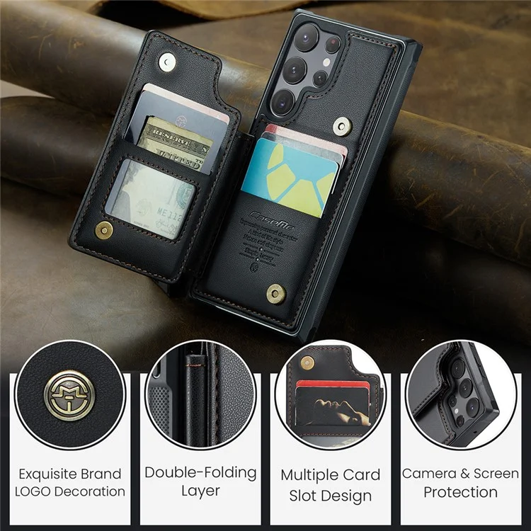 For Samsung Galaxy S22 Ultra 5G Phone Case CASEME C22 Leather Back Cover with RFID Blocking Card Slots - Black