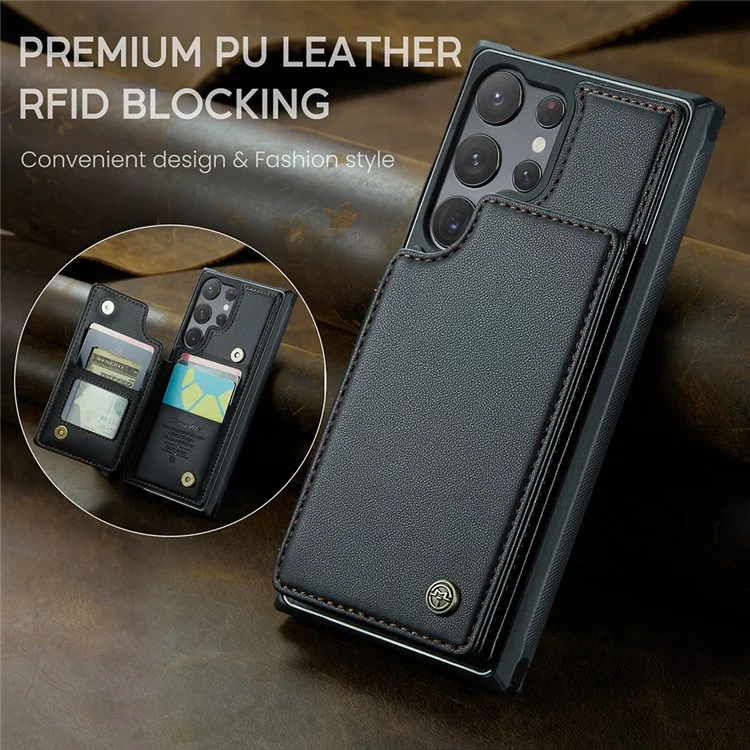 For Samsung Galaxy S22 Ultra 5G Phone Case CASEME C22 Leather Back Cover with RFID Blocking Card Slots - Black