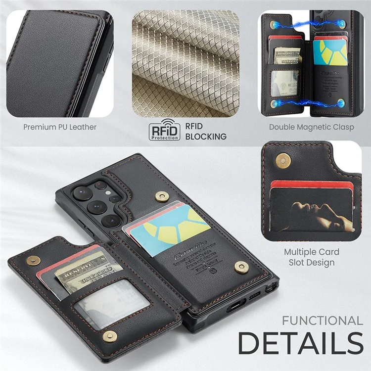 For Samsung Galaxy S22 Ultra 5G Phone Case CASEME C22 Leather Back Cover with RFID Blocking Card Slots - Black