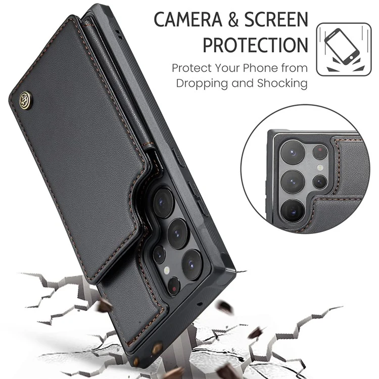For Samsung Galaxy S22 Ultra 5G Phone Case CASEME C22 Leather Back Cover with RFID Blocking Card Slots - Black