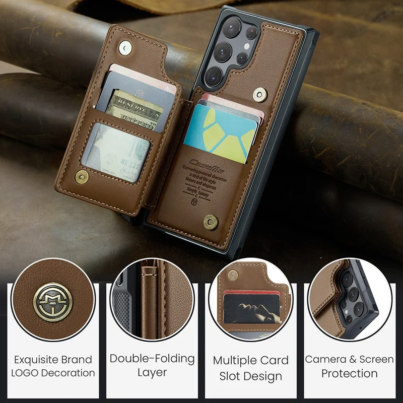 For Samsung Galaxy S22 Ultra 5G Phone Case CASEME C22 Leather Back Cover with RFID Blocking Card Slots - Brown