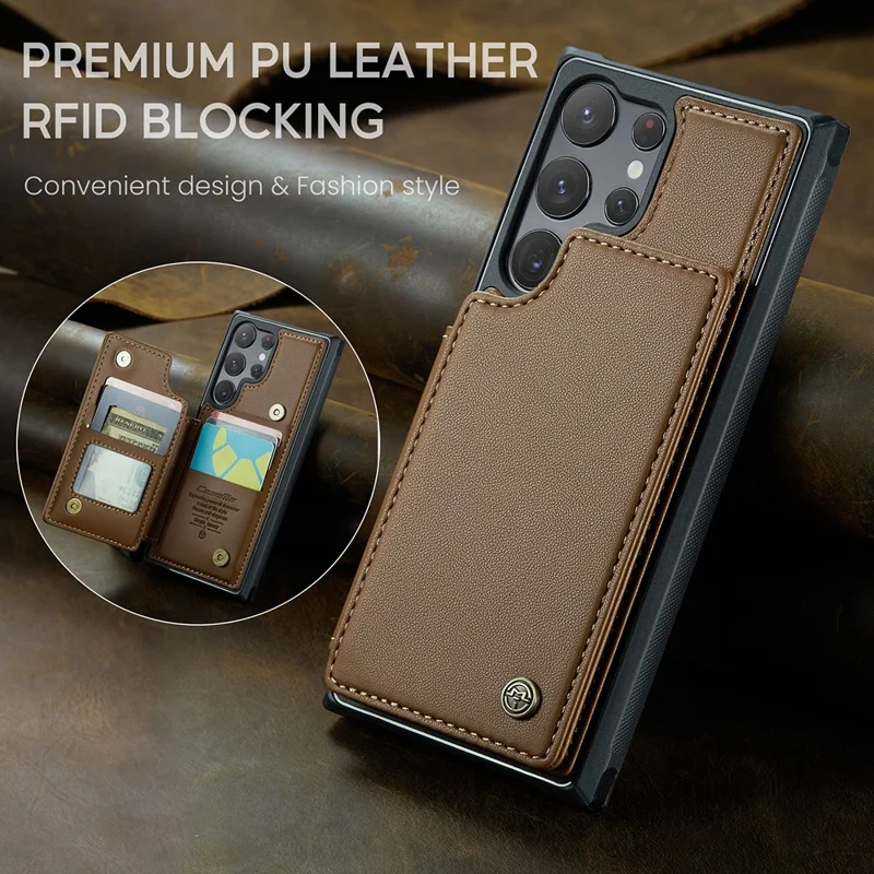For Samsung Galaxy S22 Ultra 5G Phone Case CASEME C22 Leather Back Cover with RFID Blocking Card Slots - Brown