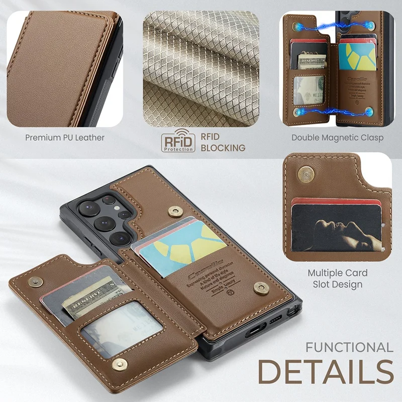 For Samsung Galaxy S22 Ultra 5G Phone Case CASEME C22 Leather Back Cover with RFID Blocking Card Slots - Brown
