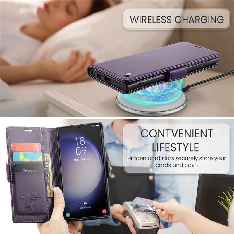 CASEME 023 Pour Samsung Galaxy S24 Ultra Étui en Cuir avec Blocage RFID et 3 Emplacements pour Cartes - Violet