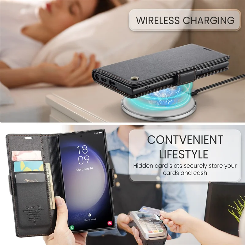 CASEME 023 per Samsung Galaxy S24 Ultra Custodia in Pelle con Blocco RFID e 3 Slot per Carte - Nero