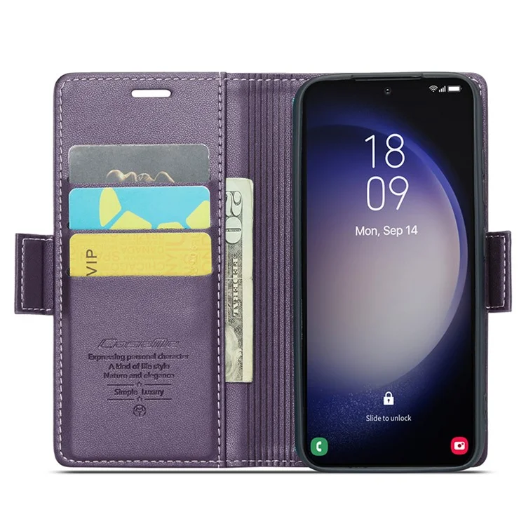 CASEME 023 Series Para Samsung Galaxy S24 Capa Couro PU Bloqueio RFID Protetor de Smartphone Inteligente - Roxo