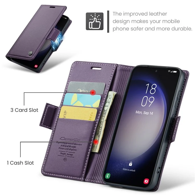 CASEME 023 Series Para Samsung Galaxy S24 Capa Couro PU Bloqueio RFID Protetor de Smartphone Inteligente - Roxo
