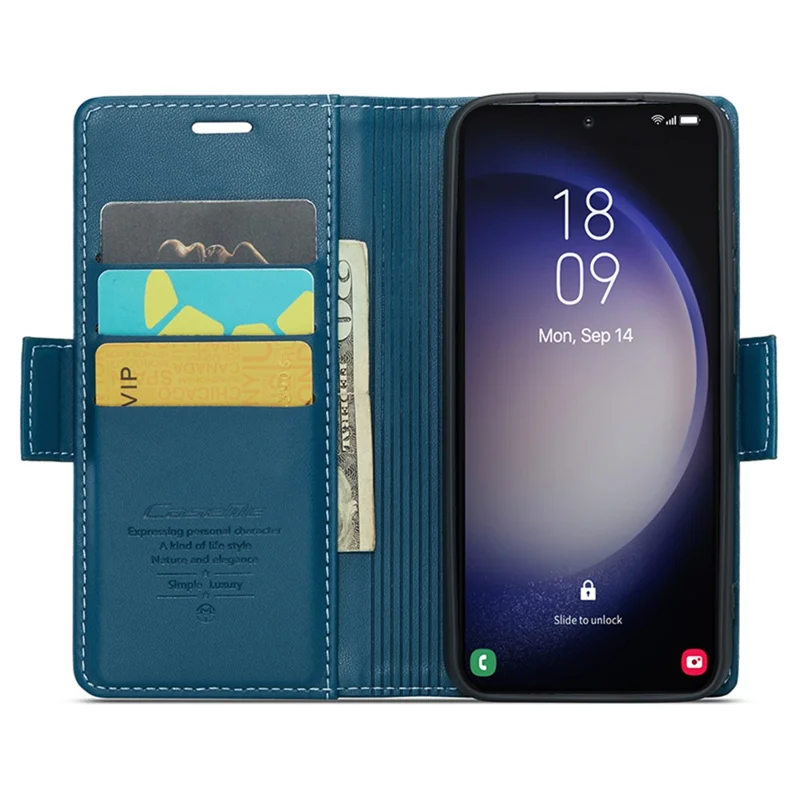 For Samsung Galaxy S24 Leather Case CASEME 023 RFID Blocking 3 Card Slot Mobile Cover - Blue