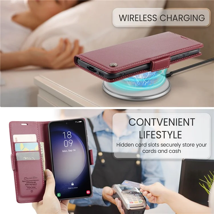 CASEME 023 Series para Capa Samsung Galaxy S24+ Glossy RFID Blocking Carteira Protetor de Telefone - Vermelho