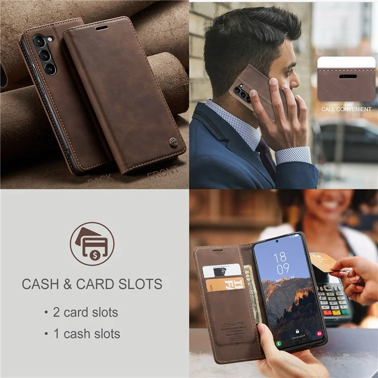 CASEME 013 Series For Samsung Galaxy S24 Case Anti-drop PU Leather Stand Cellphone Protector - Coffee