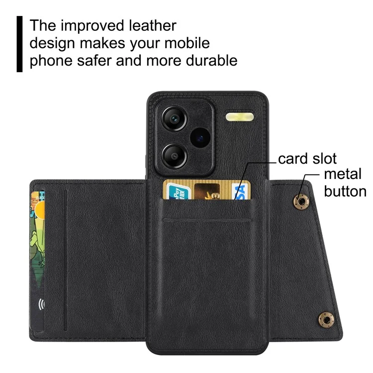 For Xiaomi Redmi Note 13 Pro+ 5G Case Kickstand Leather Coated TPU Phone Cover with Card Holder - Black