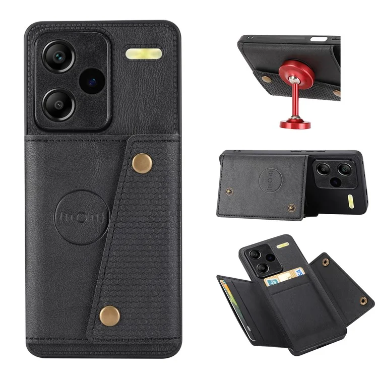 For Xiaomi Redmi Note 13 Pro+ 5G Case Kickstand Leather Coated TPU Phone Cover with Card Holder - Black