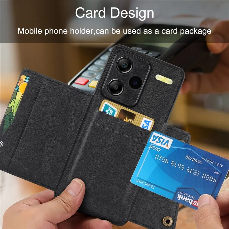 For Xiaomi Redmi Note 13 Pro+ 5G Case Kickstand Leather Coated TPU Phone Cover with Card Holder - Black