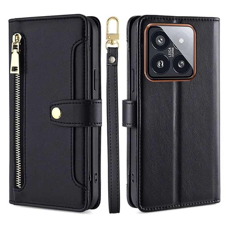 For Xiaomi 14 Pro Leather Case Card Holder Stand Phone Cover with 2 Straps - Black