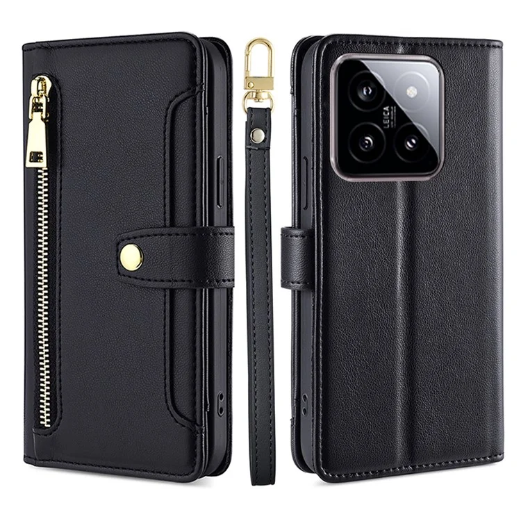 Para Xiaomi 14 Case Card Slots Zipper Wallet Leather Cover with 2 Straps - Black