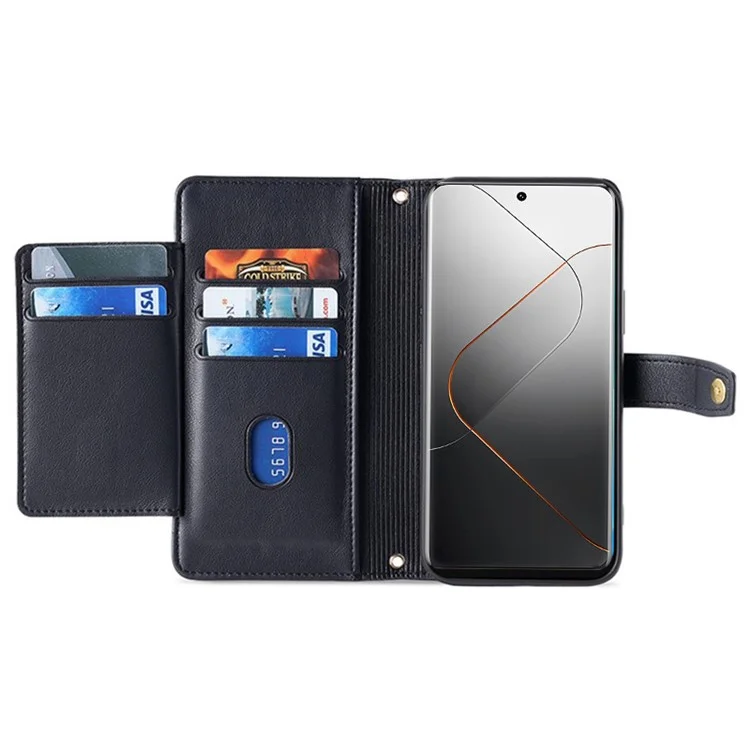 Para Xiaomi 14 Case Card Slots Zipper Wallet Leather Cover with 2 Straps - Black
