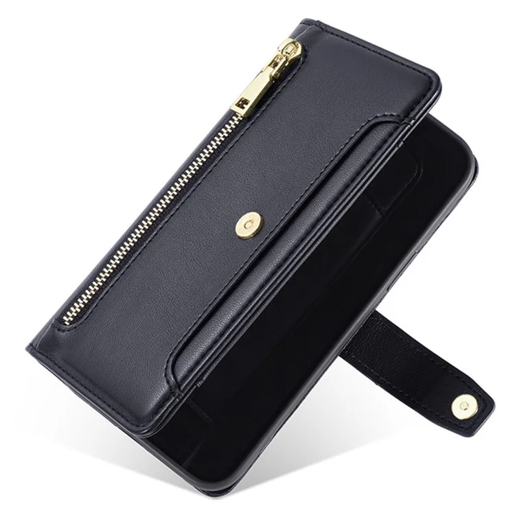 Para Xiaomi 14 Case Card Slots Zipper Wallet Leather Cover with 2 Straps - Black