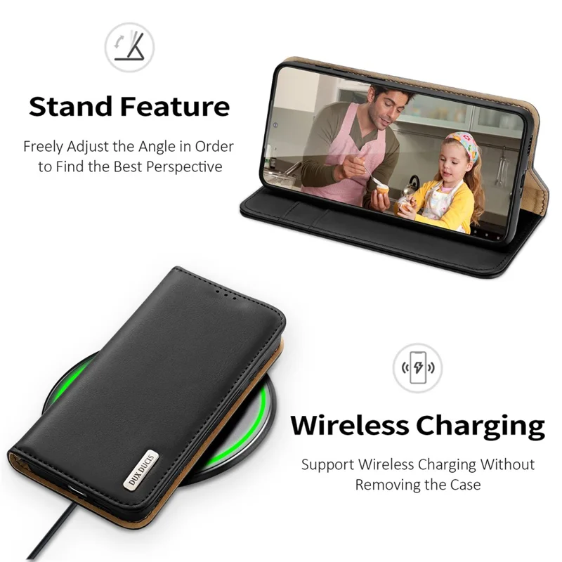 DUX DUCIS Hivo Series for Samsung Galaxy S24+ Case RFID Blocking Cowhide Leather Wallet Cover - Black