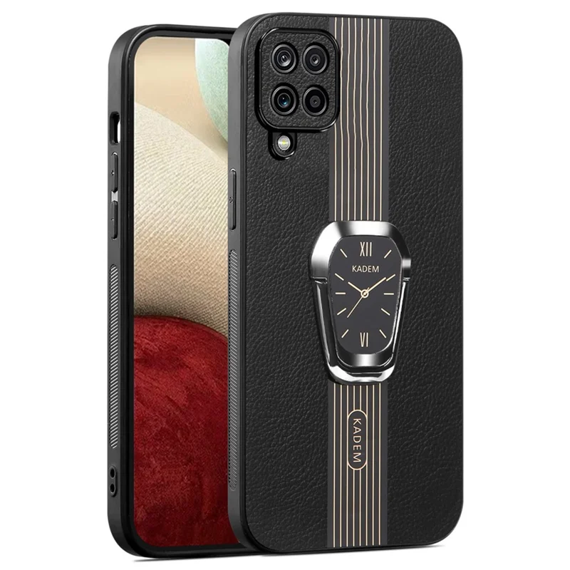 KADEM For Samsung Galaxy A12 Electroplating Case PU+TPU+Acrylic Phone Cover with Folding Kickstand - Black