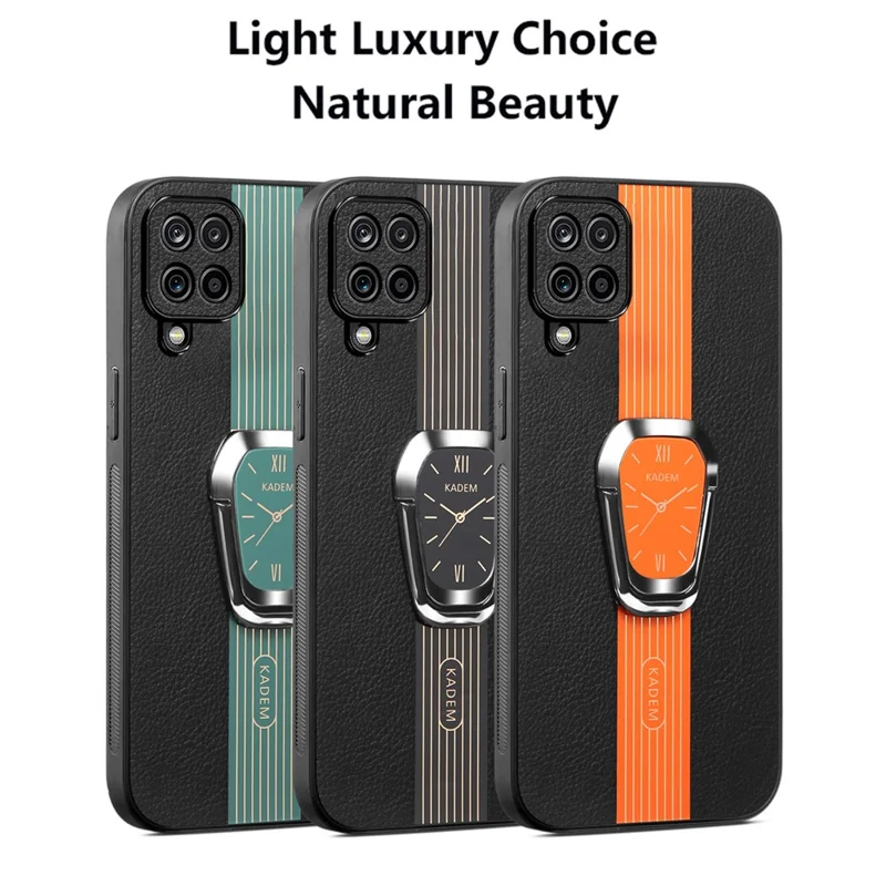 KADEM For Samsung Galaxy A12 Electroplating Case PU+TPU+Acrylic Phone Cover with Folding Kickstand - Black