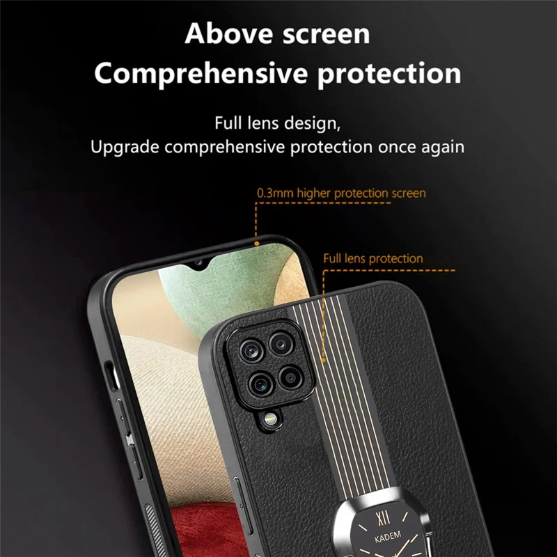 KADEM For Samsung Galaxy A12 Electroplating Case PU+TPU+Acrylic Phone Cover with Folding Kickstand - Black