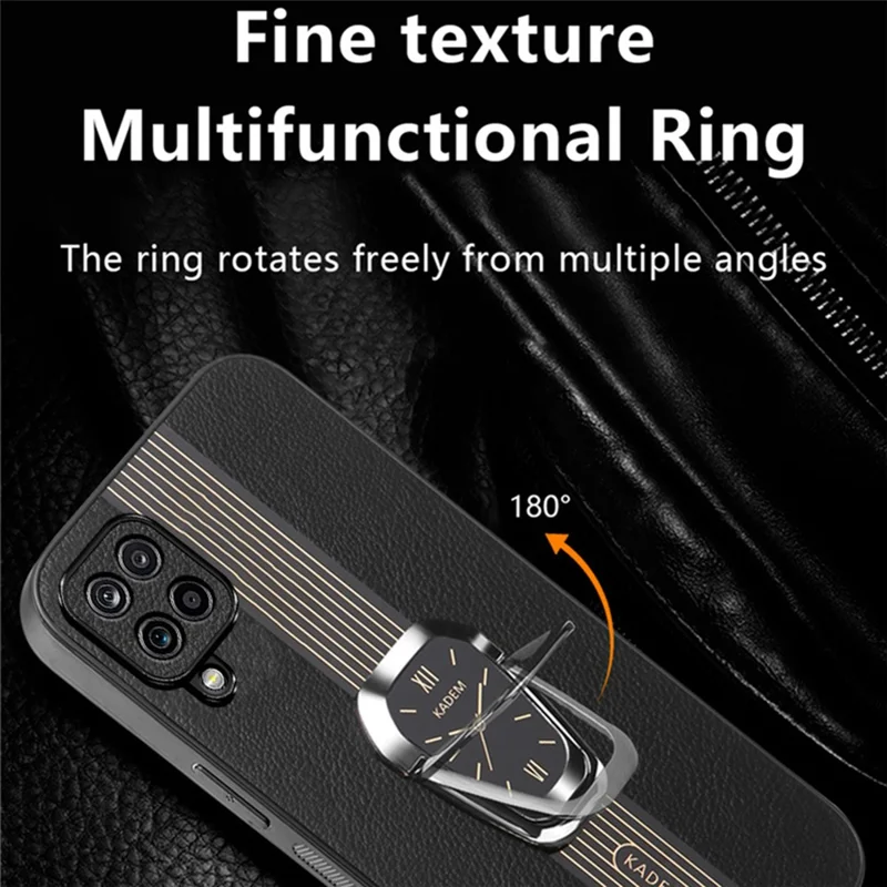 KADEM For Samsung Galaxy A12 Electroplating Case PU+TPU+Acrylic Phone Cover with Folding Kickstand - Black