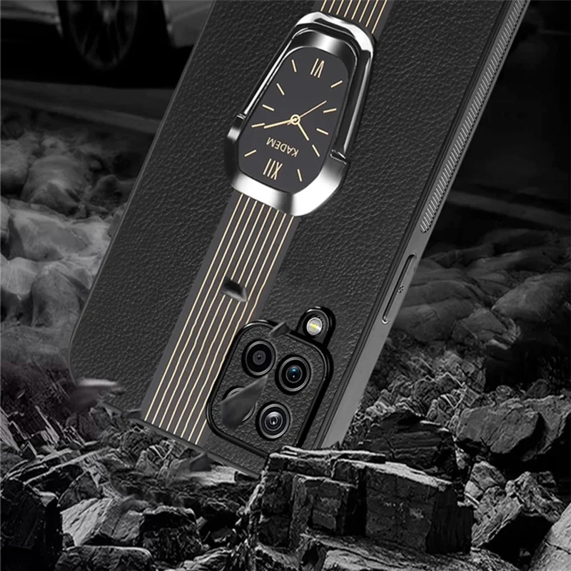 KADEM For Samsung Galaxy A12 Electroplating Case PU+TPU+Acrylic Phone Cover with Folding Kickstand - Black