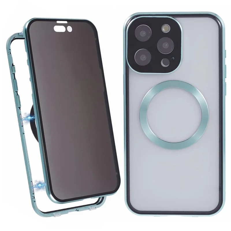 For iPhone 15 Pro Anti-Spy Case Compatible with MagSafe Tempered Glass Metal Bumper Phone Cover - Green