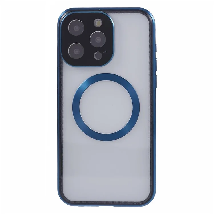 For iPhone 15 Pro Max Case Compatible with MagSafe Tempered Glass Metal Frame Anti-Spy Phone Protector - Dark Blue